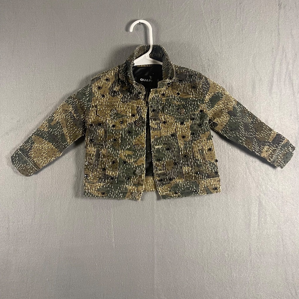 GUAPI Kids 3T Camo Distressed Rhinestone Crystal Denim Jacket Embellished